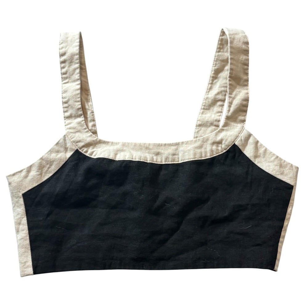7 For All Mankind Cropped Tank Top Black Beige Linen Blend Size Medium‎
